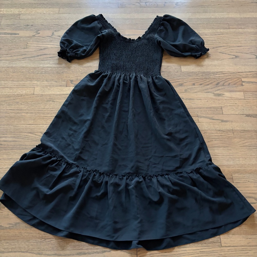 Hill House Home The Nap Dress Black XS Smocked Puff Sleeve Midi - Picture 8 of 8